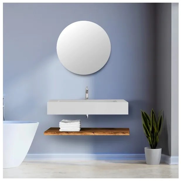 Lavabo Sospeso Bianco Opaco 100 Cm Con Mensola Effetto Legno E Specchio - Roma