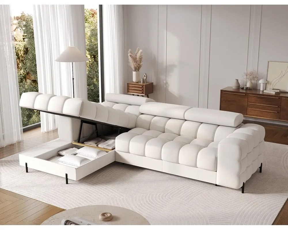 Divano angolare color crema allungabile/con contenitore (con penisola a sinistra/con chaise lounge) con rivestimento in bouclé Felro – ELTAP