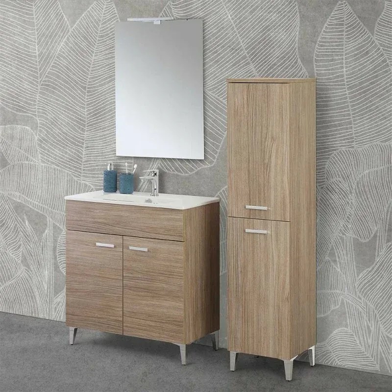 Mobile bagno a terra 80 rovere tropea con lavabo e specchio LED Martha