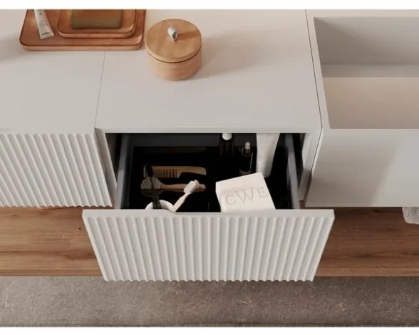 Lavabo 60 cm con due cassetti laterali 40 cm bianchi specchio e mensole inferiori Rovere - Itaca