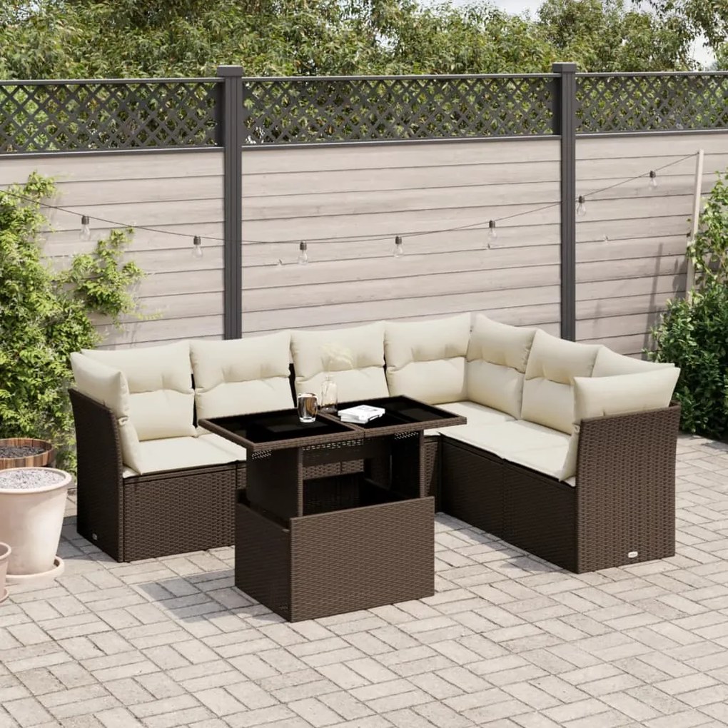 Set divani da giardino 7 pz con cuscini marrone in polyrattan