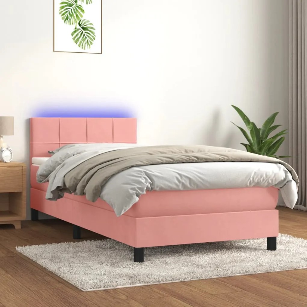 Letto a molle con materasso e led rosa 90x190 cm in velluto