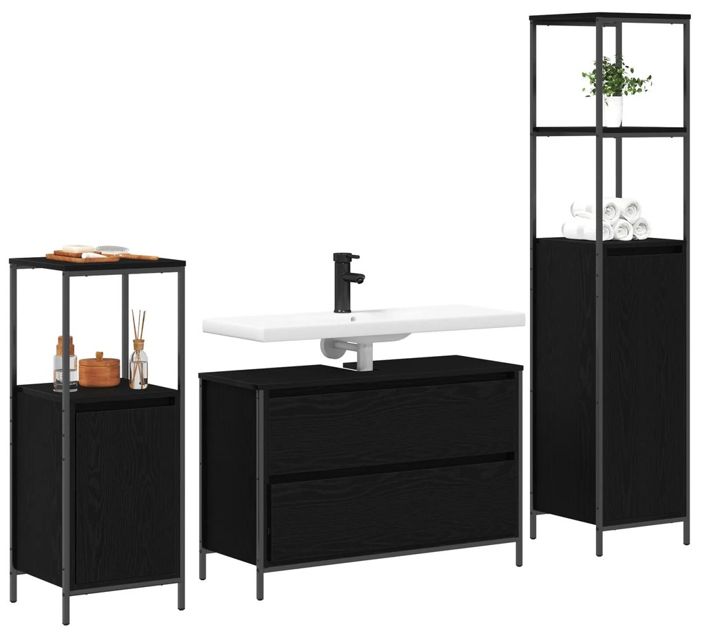 Set di mobili da bagno 3 pezzi in rovere nero in legno ingegnerizzato