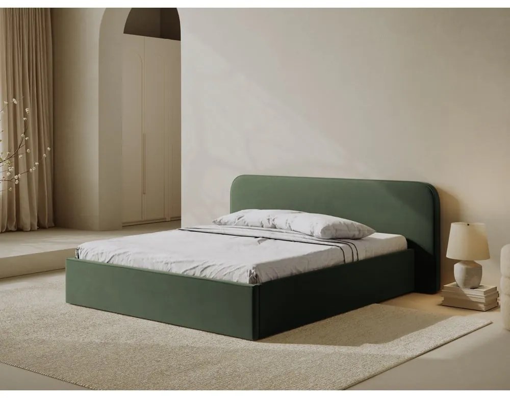 Letto matrimoniale imbottito verde con contenitore e rete inclusi 200x200 cm Elizabeth – Micadoni