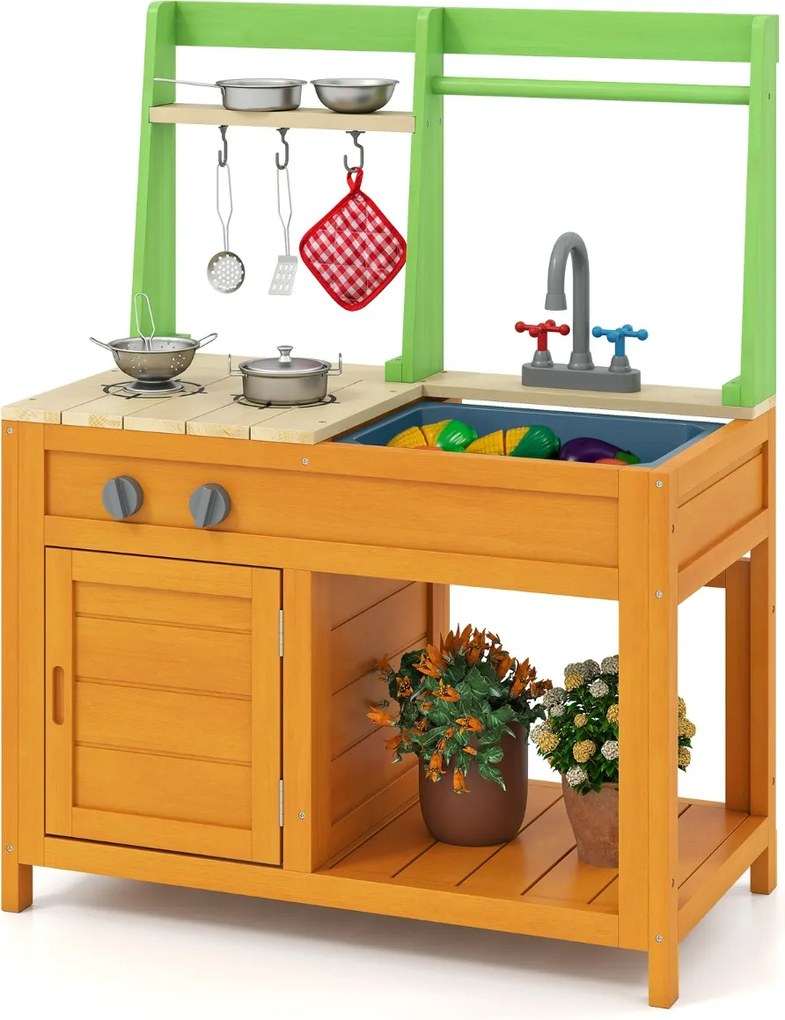 Costway Cucina in legno per bambini con fornelli realistici, Giocattoli da esterno per bambini dai 3+ anni Giallo