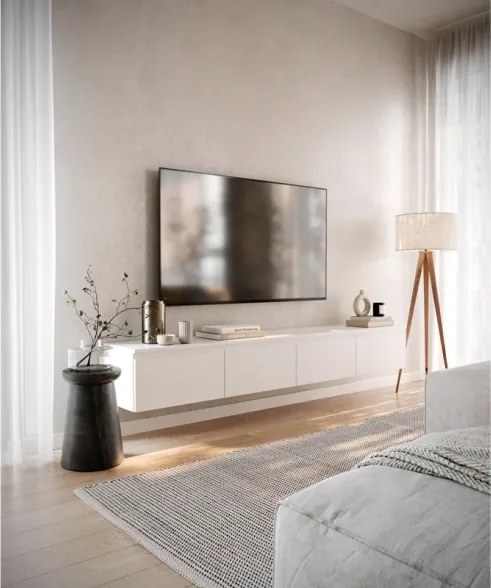 Mobile TV Sospeso 200 cm 4 Ante A Ribalta Bianco Opaco Lume