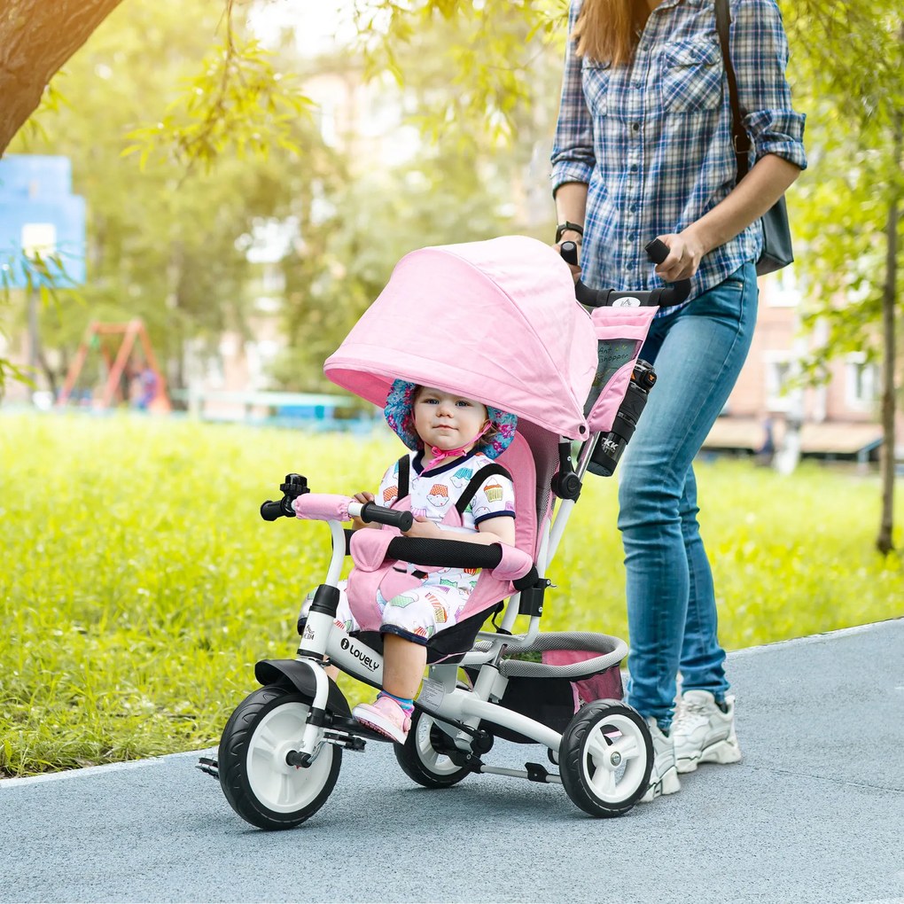 Triciclo per Bambini 1-5 Anni 102x49x102 cm con Maniglione e Tettuccio Regolabile Bianco e Rosa...