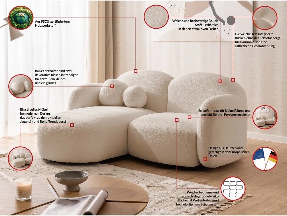 Divano angolare marrone chiaro (con penisola a sinistra/con chaise lounge) con rivestimento in bouclé Orbit – Ropez