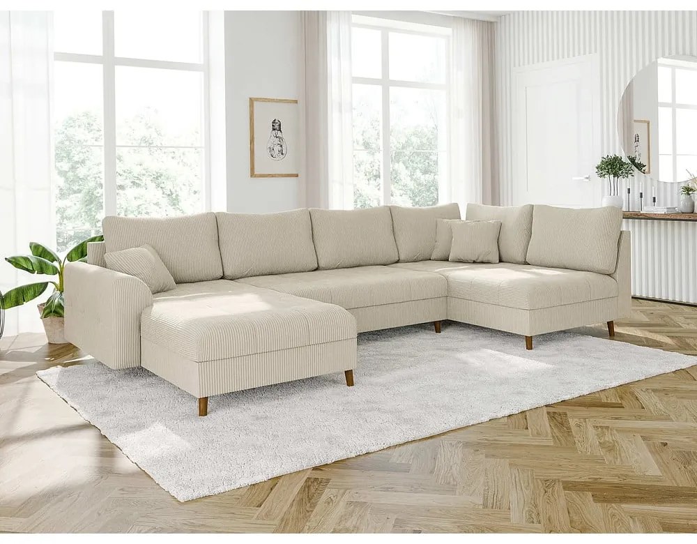 Divano angolare in velluto a coste color crema (angolo sinistro/U) Ariella - Ropez
