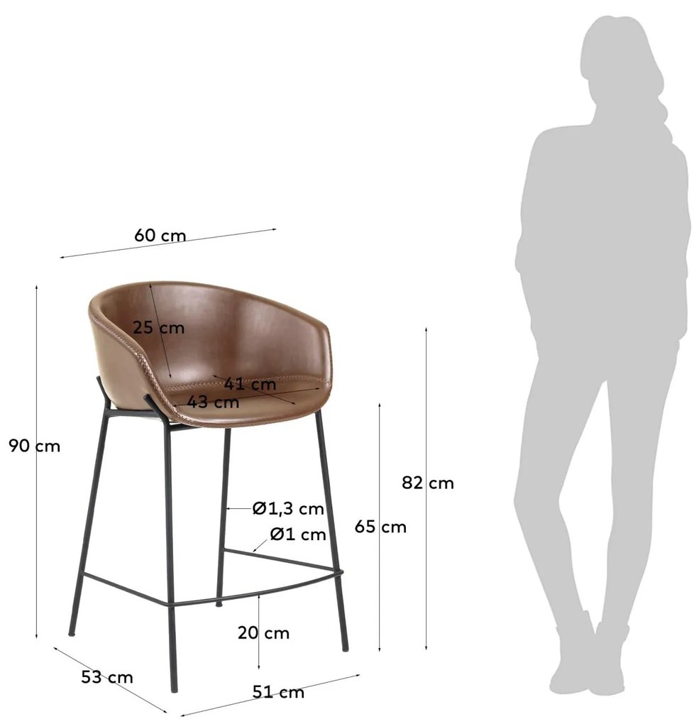 Kave Home - Sgabello Yvette in pelle sintetica marrone e gambe in acciaio nero altezza 65 cm