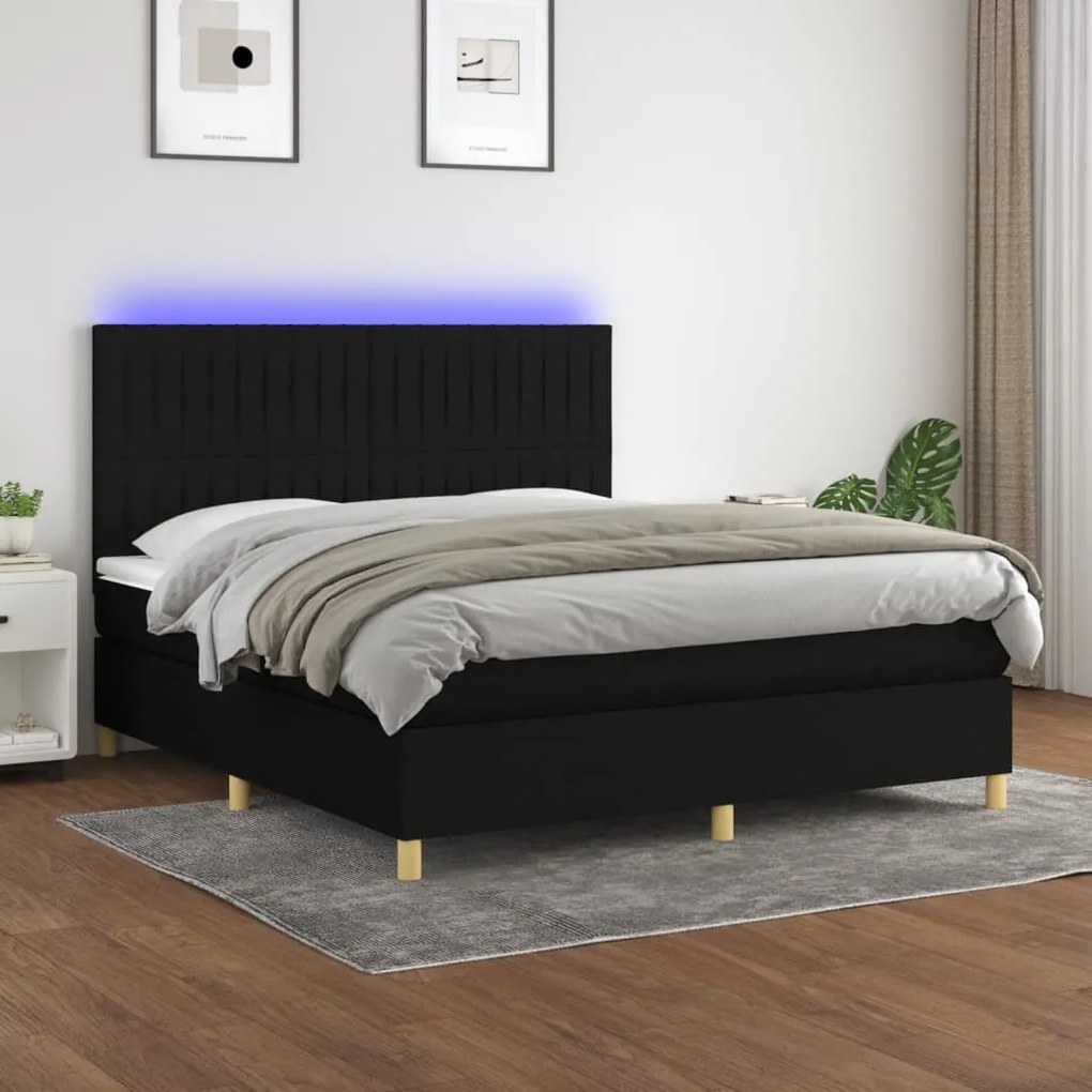 Letto a molle con materasso e led nero 160x200 cm in tessuto