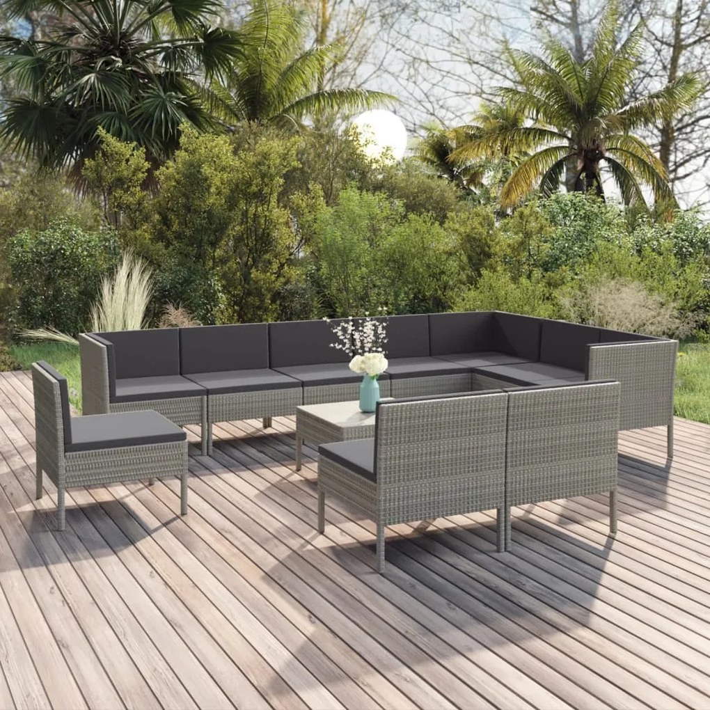 Set divani da giardino 11 pz con cuscini in polyrattan grigio