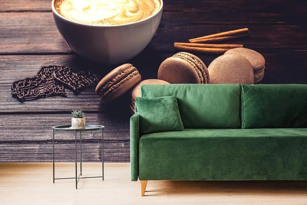 Carta da parati autoadesiva – Caffè con macarons al cioccolato