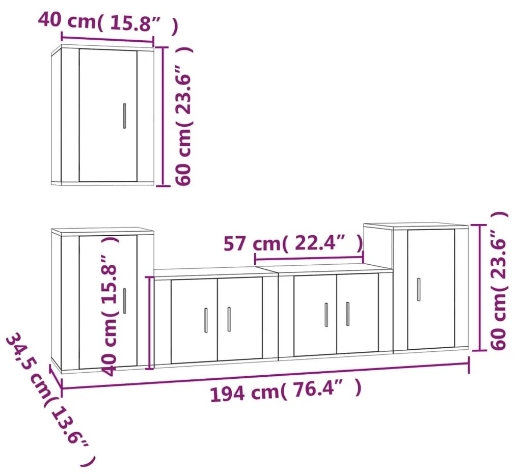Set di mobili porta tv 5 pz bianco lucido in legno multistrato