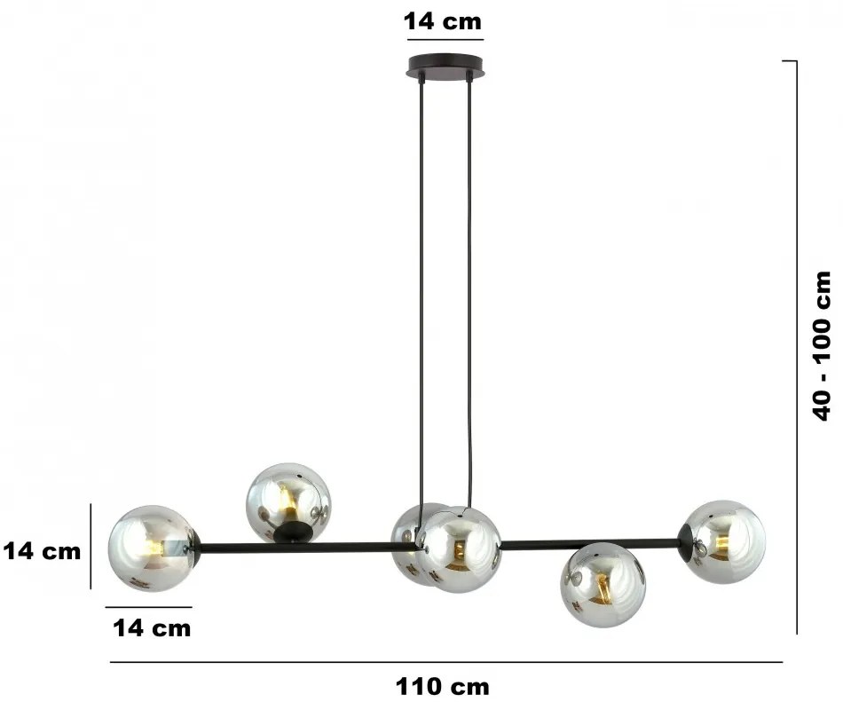 Lampadario a Sospensione in Acciaio e Vetro ROSSI 6 Nero 6xE14 Colore delle Sfere Grafite