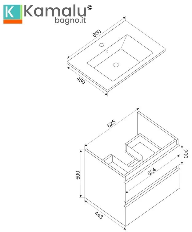 Kamalu - Composizione bagno sospesa 65 cm colore bianco opaco | LAC-EOLO-65