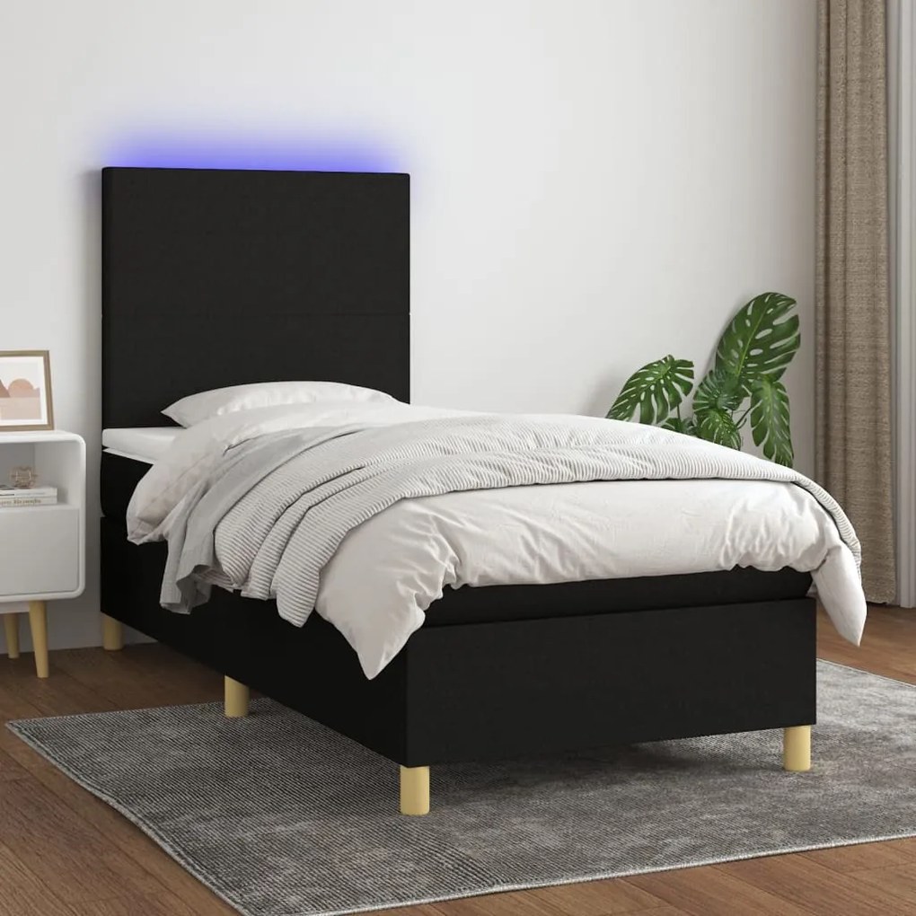 Letto a molle con materasso e led nero 90x190 cm in tessuto