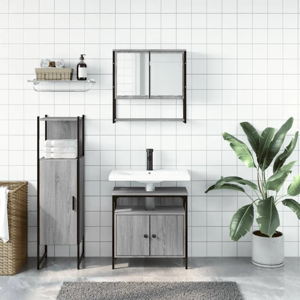 Set mobili da bagno 3 pz grigio sonoma in legno multistrato