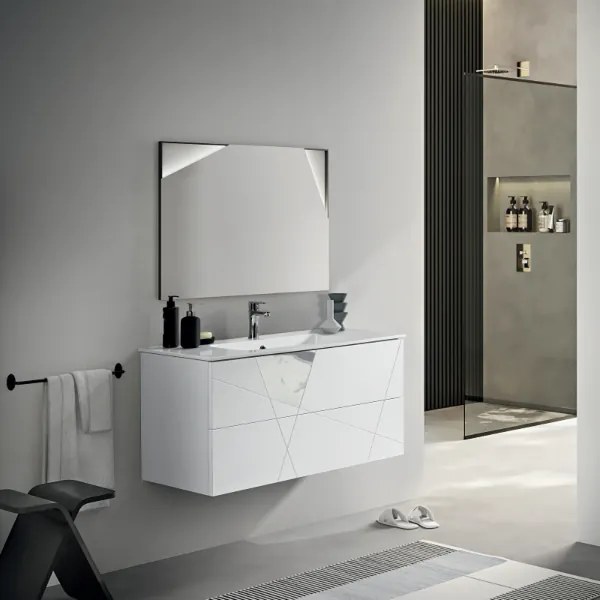Mobile da bagno sospeso moderno base 100 CRIZIA con lavabo, BIANCO OPACO