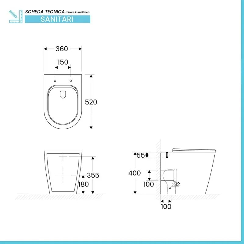 Sanitari Filomuro in ceramica bianco design tondo con copriwc e scarico rimless Ukra