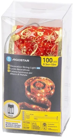 Aigostar - Catena luminosa LED natalizia 100 LED, 3xAA, 10 m, bianco caldo e rosso