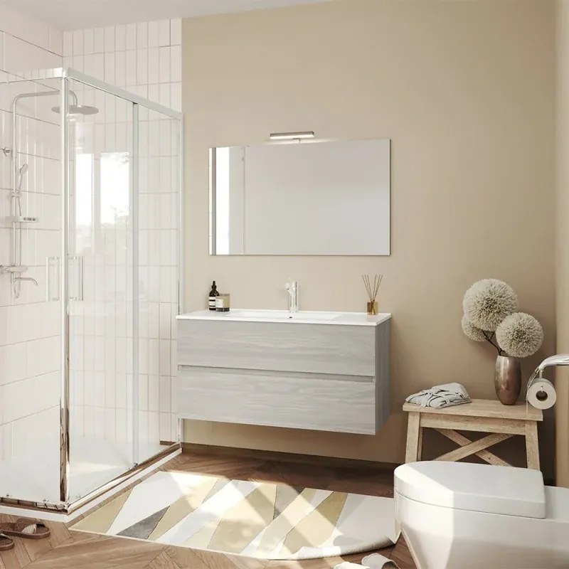Mobile bagno sospeso rovere grigio 100 cm lavabo e specchiera LED Easy