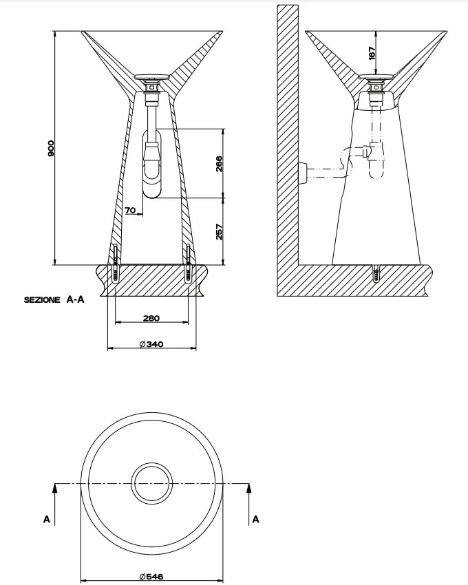 Lavabo a pavimento senza troppopieno con scarico a parete in cristalplant sifone incluso bianco Cono 45915 Gessi