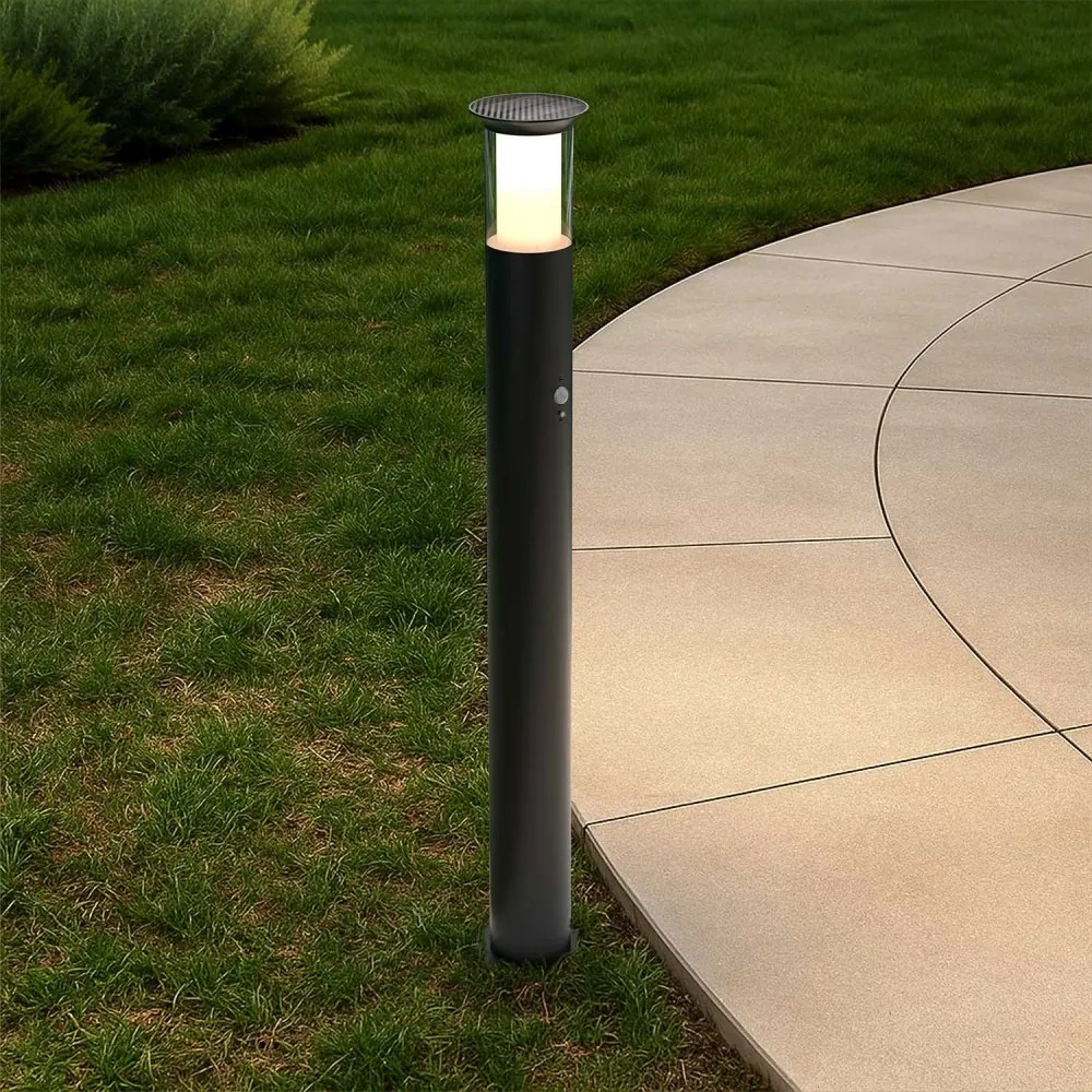 Paletto Solare 80cm in Acciaio Nero con Sensore Movimento e Picchetto Colore  Bianco Naturale 4.000K