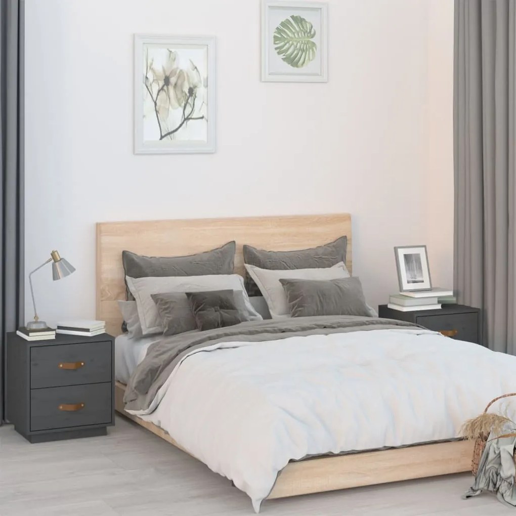 Comodini Grigi 2 Pz 40x34x45 Cm İn Legno Massello Di Pino /