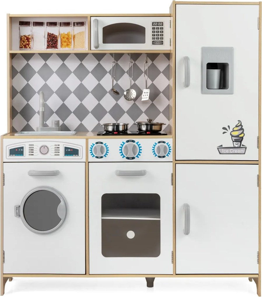 Costway Cucina giocattolo in legno integra macchina del ghiaccio e piano cottura, Cucina giocattolo integra forno e microonde 3 Colori