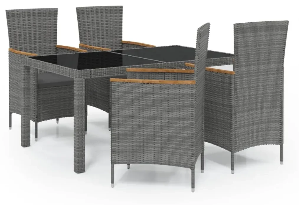 Set da pranzo da esterno 5 pz con cuscini in polyrattan grigio