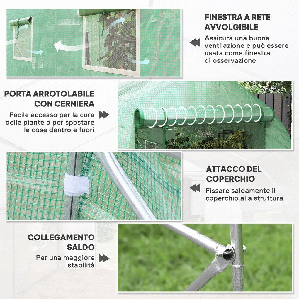 Serra a Tunnel Anti-UV 4x2x2 m con 6 Finestre a Rete e Ingresso Arrotolabile in Metallo e PE Verde...