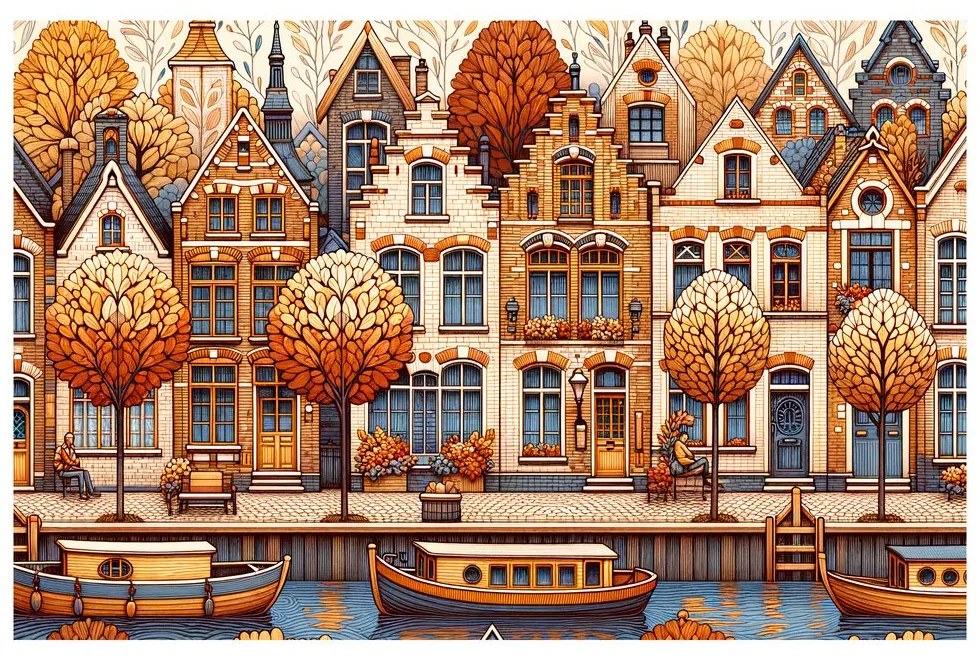 Quadro su tela – Vicolo autunnale con barche vicino al canale