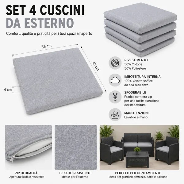 Cuscini Esterno e Giardino 55x45 cm Sfoderabili Grigio Set 4
