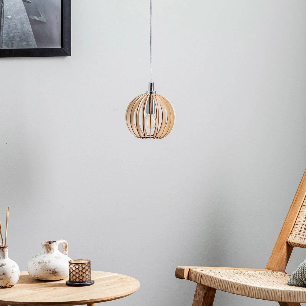 Argon Lampada a sospensione Paz cromata, sfera con lamelle in legno, Ø 17 cm