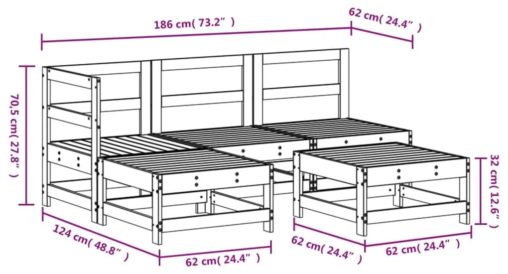 Set Salotto da Giardino 5 pz Grigio in Legno Massello di Pino