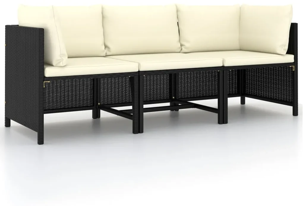 Divano da giardino a 3 posti con cuscini nero in polyrattan