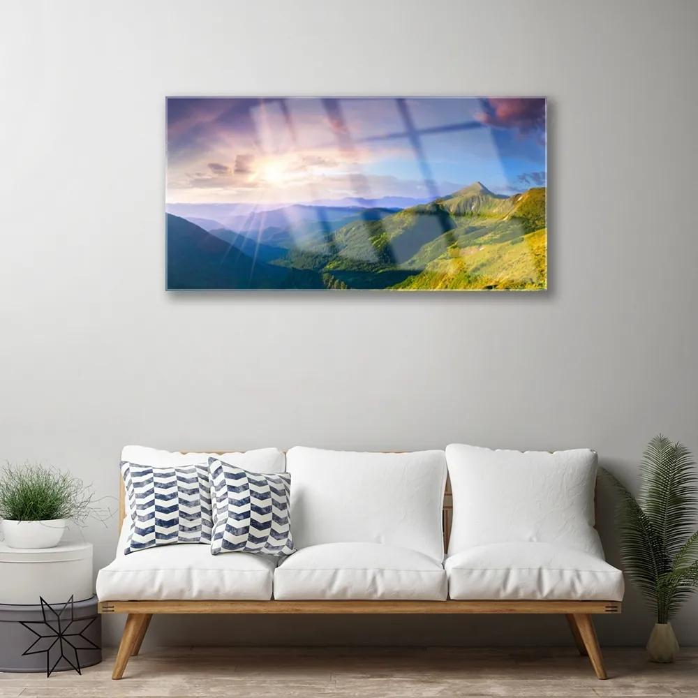 Quadro su vetro Prato di montagna Sole Paesaggio 100x50 cm