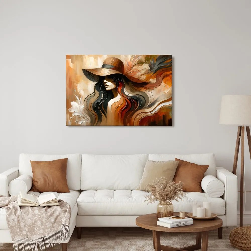 Quadro su tela – Donna con cappello in toni autunnali