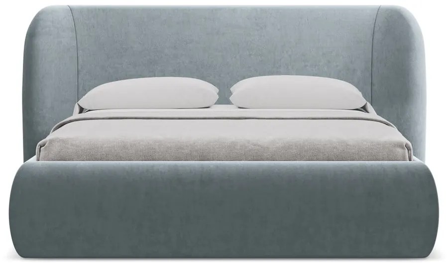Letto matrimoniale imbottito blu chiaro con contenitore con griglia 160x200 cm Hauke - Makamii