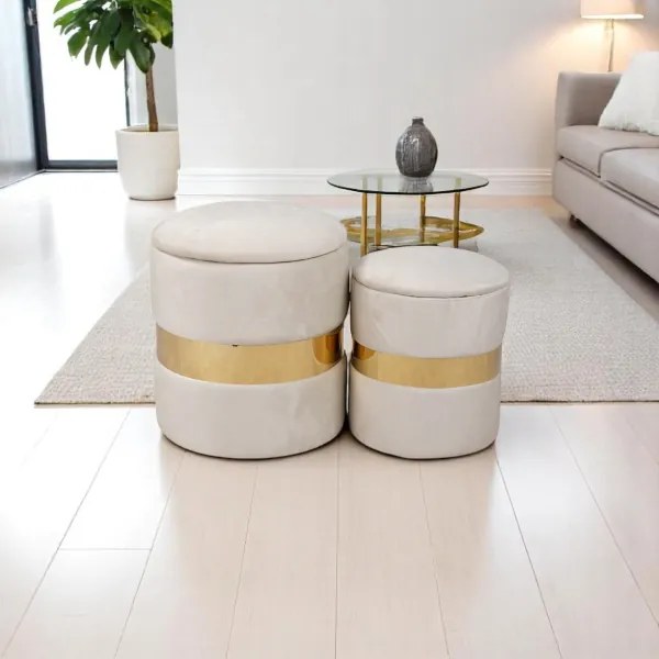 Pouf velluto beige con contenitore e fascia oro Set 2 - OTTAVIA