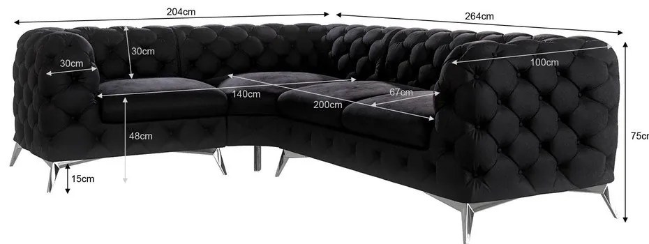 Divano angolare nero (con penisola a sinistra/a L) con rivestimento in velluto Chelsea – Ropez
