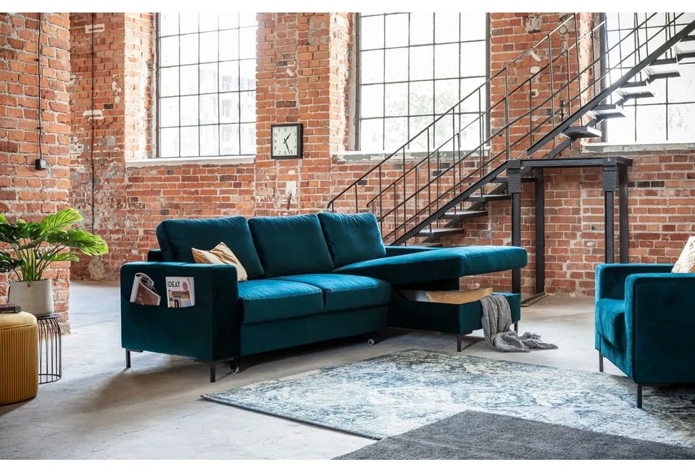 Divano letto angolare in velluto color petrolio (angolo destro) Lofty Lilly - Miuform