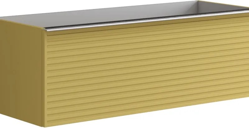 Cassettiera Pixel con 2 cassetti  frontale stripes laccato opaco giallo sole e maniglia alluminio brillante L.120 H.40 x P45,5 cm