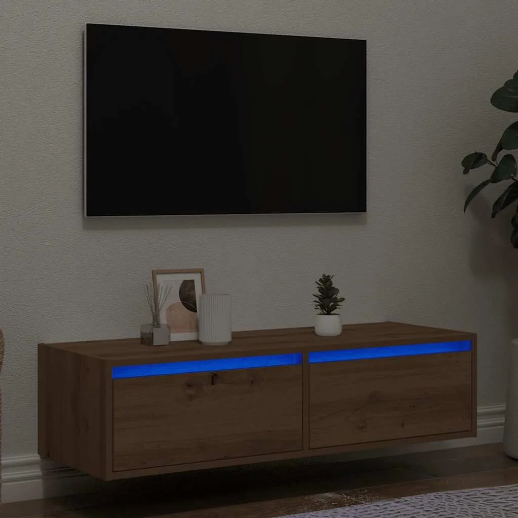 Mobile Porta Tv Con Luci Led Rovere Artigianale 100x35,5x25 Cm /