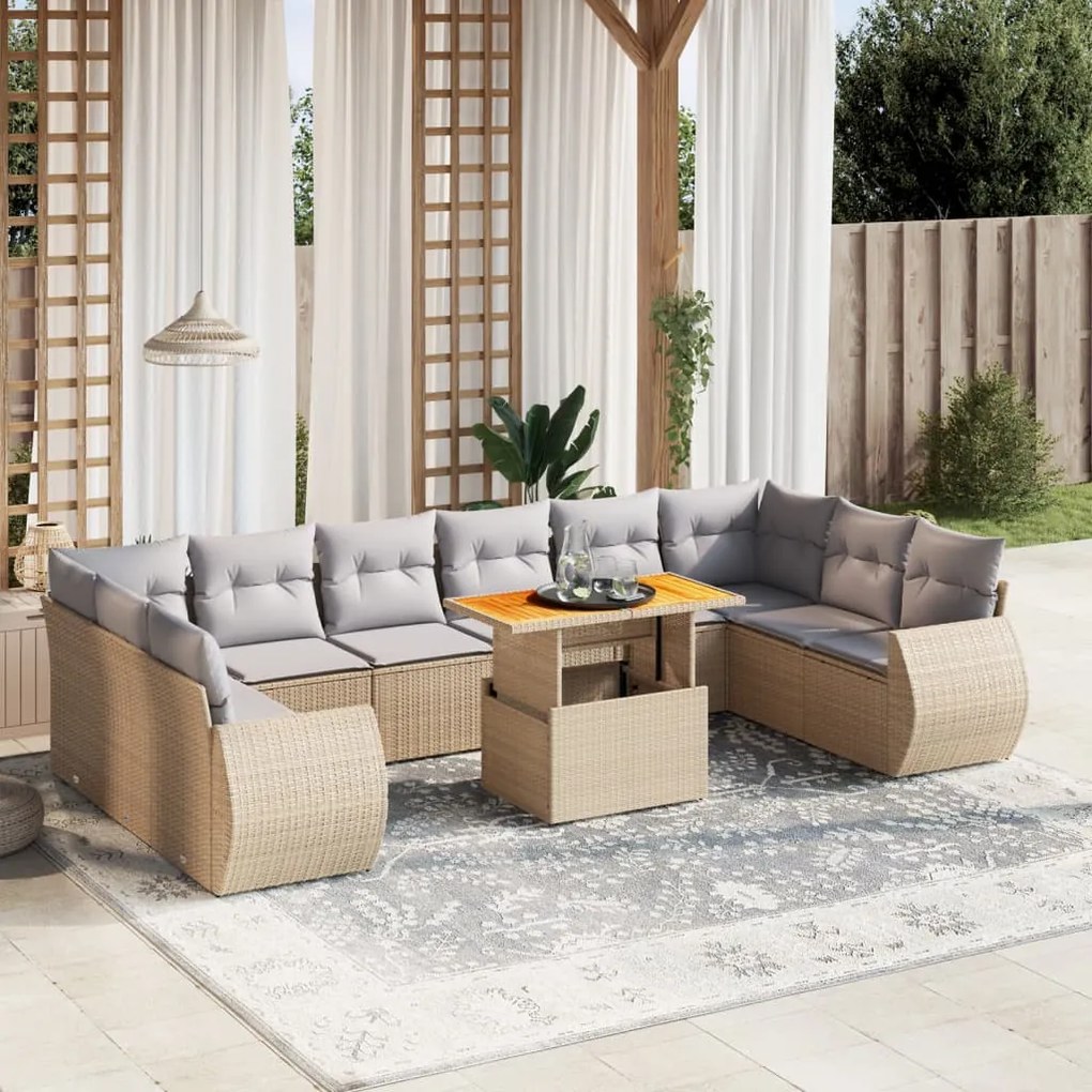 Set divani da giardino 11 pz con cuscini beige in polyrattan