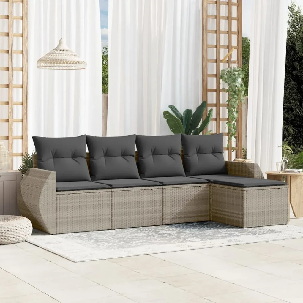 Set divano da giardino 5pz con cuscini grigio chiaro polyrattan