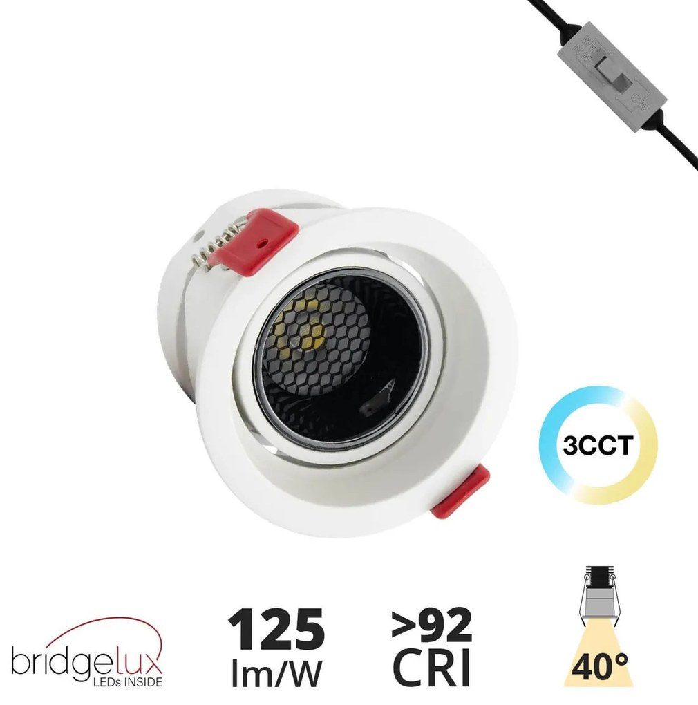 Faro LED da Incasso 12W Orientabile CRI92 Foro Ø75mm Bianco CCT UGR11 Colore Bianco Variabile CCT