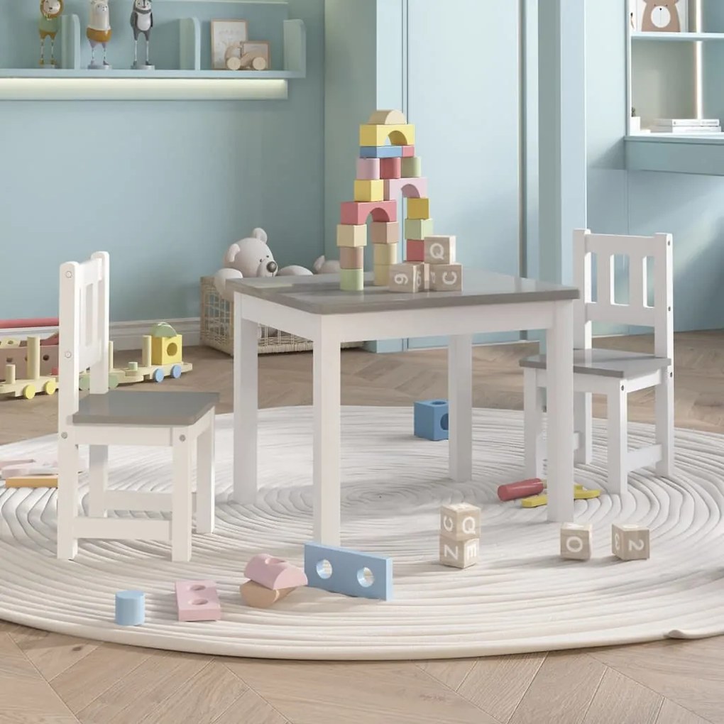 Set Tavolo E Sedie Per Bambini 3 Pezzi Bianco E Grigio İn Mdf /