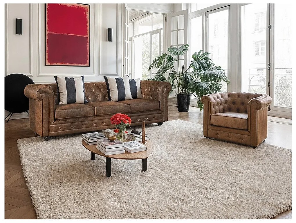 Lotto di 2 poltrone  CHESTERFIELD in microfibra effetto cuoio invecchiato